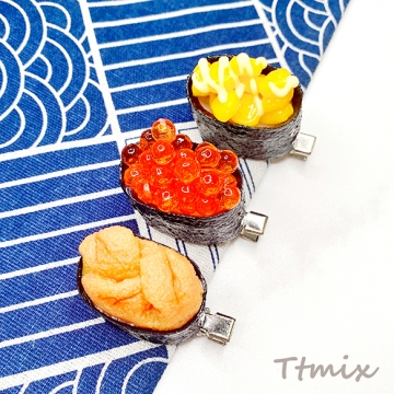 食品サンプルヘアクリップ お寿司 軍艦巻き いくら コーンマヨ うに ユニーク髪飾り コスプレ 約3.5×3.9cm（1ヶ）