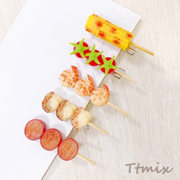 食品サンプルヘアクリップ 串焼き バーベキュー 野菜焼き 海鮮焼き コスプレ ユニークな髪飾り 約1.8×6cm（1ヶ）