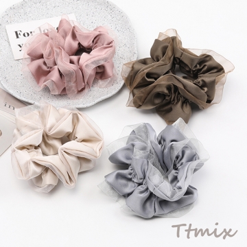 シュシュ 光沢感 サテン レース付き ヘアゴム 髪留め 髪飾り ヘアアクセサリー ※訳ありサービス品 返品不可（1ヶ）