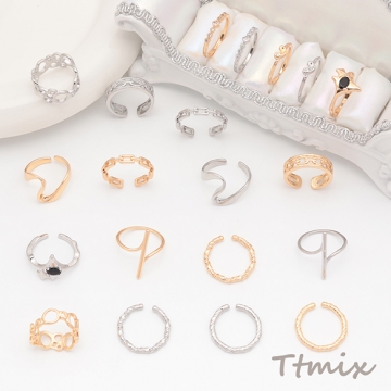 デザインリング キラキラ ストーン付き メタルリング ゴールド/ロジウムカラー 13号内径約17mm(幅約3.5mm)（1ヶ）