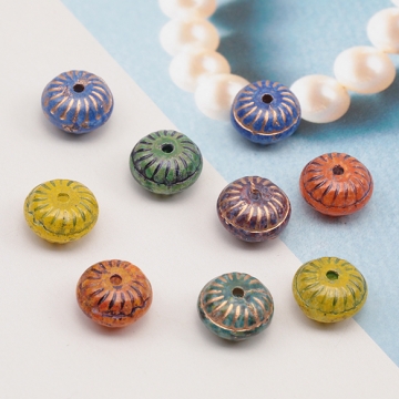 チェコ調ガラスビーズ 模様入り そろばん型 ソロバン チェコガラス風 アンティーク風 カラーランダム 約6×10mm（10ヶ）