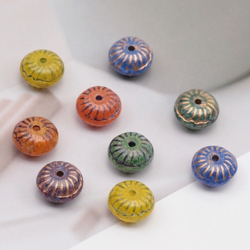 チェコ調ガラスビーズ 模様入り そろばん型 ソロバン チェコガラス風 アンティーク風 カラーランダム 約6×10mm（10ヶ）