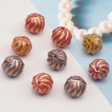 チェコ調ガラスビーズ 丸玉 ツイスト かぼちゃビーズ チェコガラス風 アンティーク風 カラーランダム 約12mm（6ヶ）