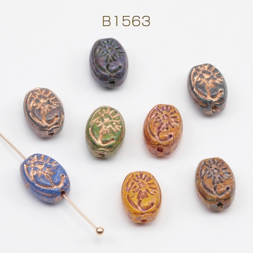 チェコ調ガラスビーズ 花模様 オーバル チェコガラス風 アンティーク風 カラーランダム 約8×12mm（10ヶ）