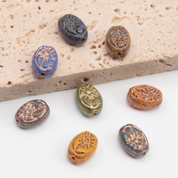 チェコ調ガラスビーズ 花模様 オーバル チェコガラス風 アンティーク風 カラーランダム 約8×12mm（10ヶ）