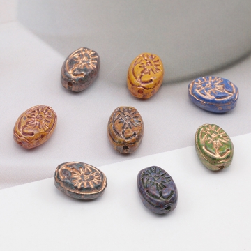 チェコ調ガラスビーズ 花模様 オーバル チェコガラス風 アンティーク風 カラーランダム 約8×12mm（10ヶ）