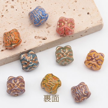 チェコ調ガラスビーズ ライオン 獅子 チェコガラス風 アンティーク風 カラーランダム 約12×13mm（8ヶ）