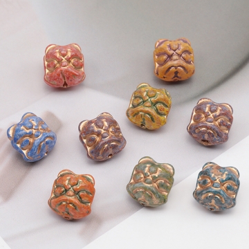 チェコ調ガラスビーズ ライオン 獅子 チェコガラス風 アンティーク風 カラーランダム 約12×13mm（8ヶ）