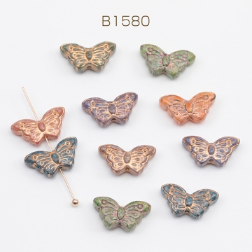 チェコ調ガラスビーズ ちょうちょ バタフライ 蝶々 チェコガラス風 アンティーク風 カラーランダム 約8×15mm（15ヶ）