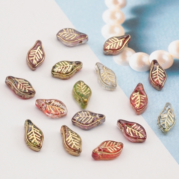 チェコ調ガラスビーズ 葉っぱ リーフ チェコガラス風 アンティーク風 カラーランダム 約7×12mm（15ヶ）