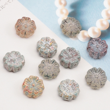 チェコ調ガラスビーズ お花 花形 フラワービーズ チェコガラス風 アンティーク風 カラーランダム 約14mm（8ヶ）