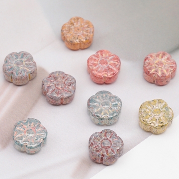 チェコ調ガラスビーズ お花 花形 フラワービーズ チェコガラス風 アンティーク風 カラーランダム 約10mm（15ヶ）