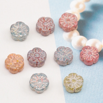 チェコ調ガラスビーズ お花 花形 フラワービーズ チェコガラス風 アンティーク風 カラーランダム 約10mm（15ヶ）