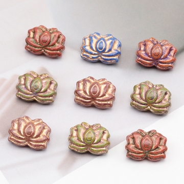 チェコ調ガラスビーズ 蓮の花 花形 フラワービーズ チェコガラス風 アンティーク風 カラーランダム 約11×15mm（10ヶ）