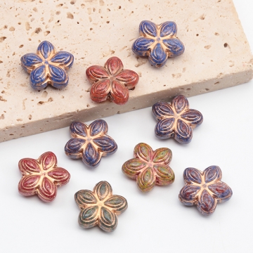 チェコ調ガラスビーズ 五弁花 お花 花形 フラワービーズ チェコガラス風 アンティーク風 カラーランダム 約16mm（8ヶ）