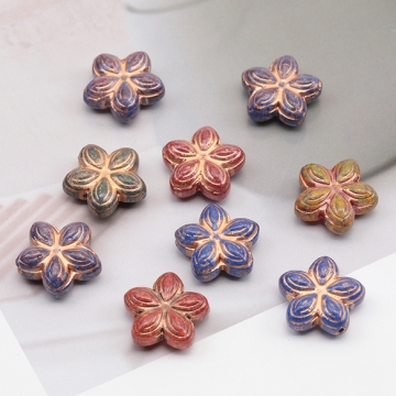 チェコ調ガラスビーズ 五弁花 お花 花形 フラワービーズ チェコガラス風 アンティーク風 カラーランダム 約16mm（8ヶ）
