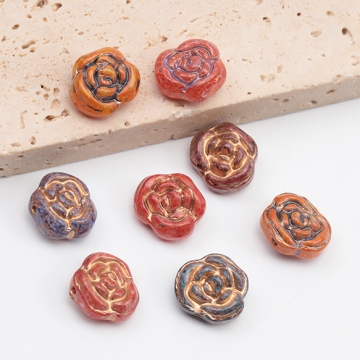 チェコ調ガラスビーズ バラ 薔薇 花形 フラワービーズ チェコガラス風 アンティーク風 カラーランダム 約13mm（10ヶ）