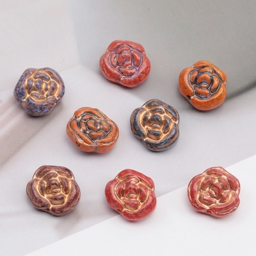 チェコ調ガラスビーズ バラ 薔薇 花形 フラワービーズ チェコガラス風 アンティーク風 カラーランダム 約13mm（10ヶ）