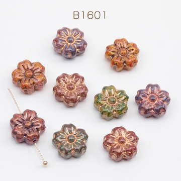 チェコ調ガラスビーズ サクラ 桜 花形 フラワービーズ チェコガラス風 アンティーク風 カラーランダム 約13mm（8ヶ）