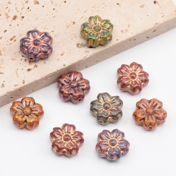 チェコ調ガラスビーズ サクラ 桜 花形 フラワービーズ チェコガラス風 アンティーク風 カラーランダム 約13mm（8ヶ）