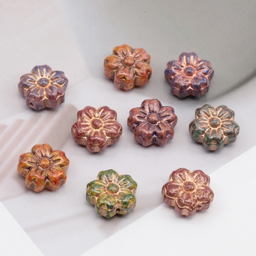 チェコ調ガラスビーズ サクラ 桜 花形 フラワービーズ チェコガラス風 アンティーク風 カラーランダム 約13mm（8ヶ）