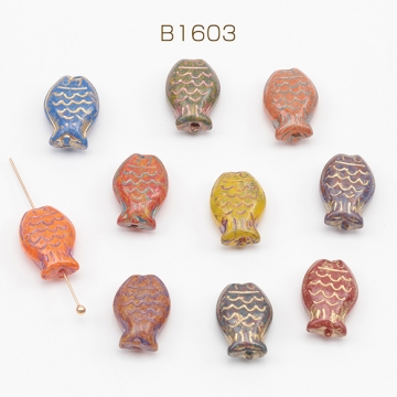 チェコ調ガラスビーズ さかな サカナ 魚 チェコガラス風 アンティーク風 カラーランダム 約10×15mm（10ヶ）