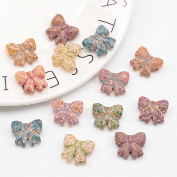 チェコ調ガラスビーズ リボン 蝶々結び チェコガラス風 アンティーク風 カラーランダム 約16×18mm（6ヶ）