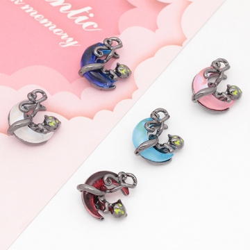 月チャーム 三日月 ねこ ネコ 猫 ストーン付き 宇宙チャーム ガラスチャーム メタルチャーム 約18×19mm（2ヶ）