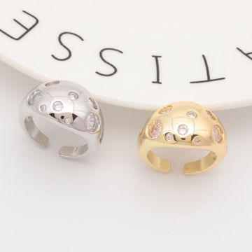 デザインリング 太め ジルコニア付き 指輪 メタル オープンリング 13号内径約17mm(幅約14mm)（1ヶ）