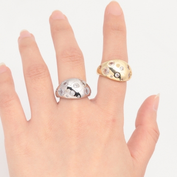 デザインリング 太め ジルコニア付き 指輪 メタル オープンリング 13号内径約17mm(幅約14mm)（1ヶ）