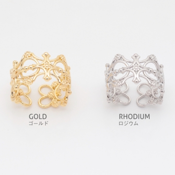 デザインリング 透かし模様 クロス フラワー 指輪 メタル オープンリング 15号内径約17.7mm(幅約13mm)（1ヶ）