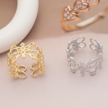 デザインリング 透かし模様 クロス フラワー 指輪 メタル オープンリング 15号内径約17.7mm(幅約13mm)（1ヶ）