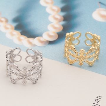 デザインリング 透かし模様 クロス フラワー 指輪 メタル オープンリング 15号内径約17.7mm(幅約13mm)（1ヶ）