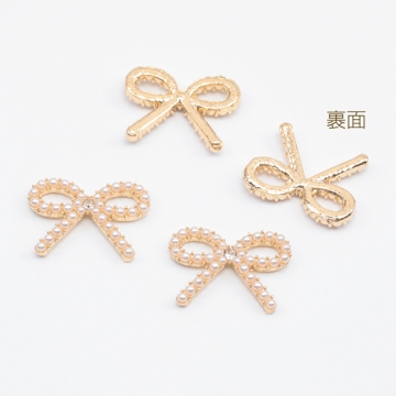 メタルリボンパーツ 立体 リボンチャーム パール 貼り付けパーツ 約13×18mm (4ケ)