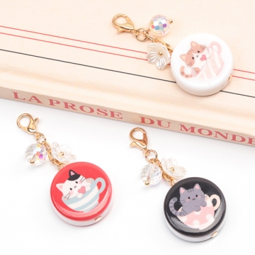 カニカン付きチャーム 猫柄プリント ねこ キャット スマホチャーム マスクチャーム ストラップ キーホルダー（1ヶ）