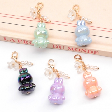 カニカン付きチャーム 可愛い立体うさぎ 兔ビーズ スマホチャーム マスクチャーム ストラップ キーホルダー（1ヶ）
