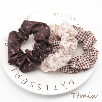 シュシュ ブラウン シンプル チェック リボン フラワー 髪飾り 髪留め ヘアゴム ヘアアクセサリー（1ヶ）