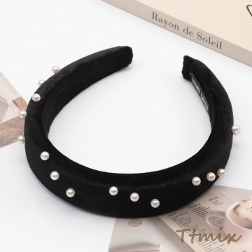 カチューシャ ベルベット パール付き ボリューム感 厚みのあるヘアバンド 髪飾り ヘアアクセサリー 幅約3cm（1ヶ）