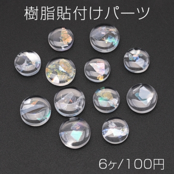 樹脂貼付けパーツ 丸型 クリア ホログラム入りデコパーツ ヘアクリップ スマホなどデコレーションパーツ 2サイズ展開 (6ヶ)