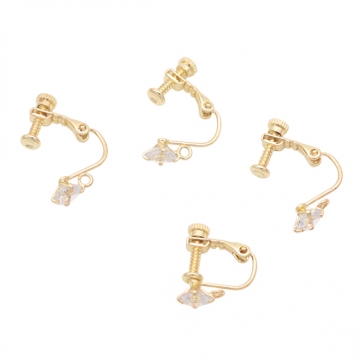 ネジバネ式イヤリング 4mm ストーン付き ゴールドメッキ 縦カン/横カン 基礎イヤリング金具 約11×14mm（2ヶ）