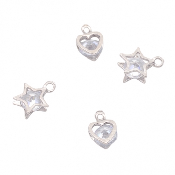 メタルチャーム ハート/スター ダイヤモンド型 一粒 ストーン カン付き シルバー メタルチャーム 約10×13mm（10ヶ）