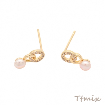 デザインピアス ダブルリング ラインストーン＆ABSパール付き ゴールドカラー 銅製 スタッドピアス 約6×12mm（2ヶ）