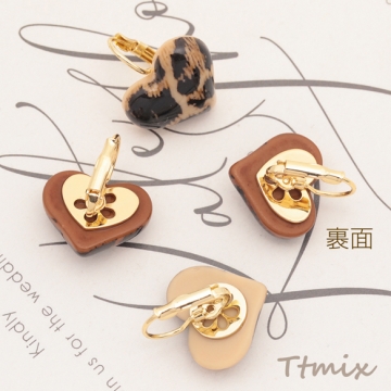 デザインイヤリング ハート型 ヒョウ柄 レオパルド柄 フープピアス メタルピアス 約17×19mm（1ペア）