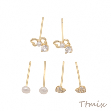 デザインピアス リボンモチーフ ABSパール ハート スタッドピアス メタルピアス 3種（1セット）