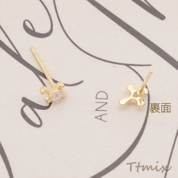 デザインピアス クロス 十字架 ハートのストーン付き スタッドピアス メタルピアス 約5×6mm（1ペア）