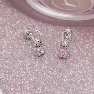 バーベルピアス リボン/うさぎ ピンクストーン付き ステンレス製 メッキ加工 デザインピアス 約8×10mm（ 1ペア）