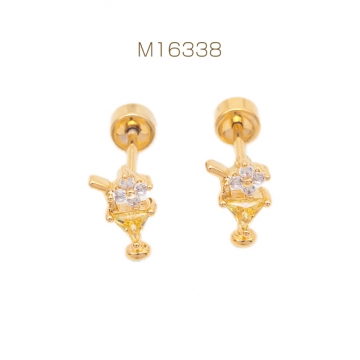 バーベルピアス フラワー 三角ストーン付き ステンレス製 メッキ加工 デザインピアス 約6×9mm（ 1ペア）