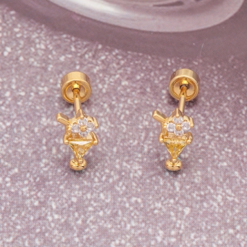 バーベルピアス フラワー 三角ストーン付き ステンレス製 メッキ加工 デザインピアス 約6×9mm（ 1ペア）