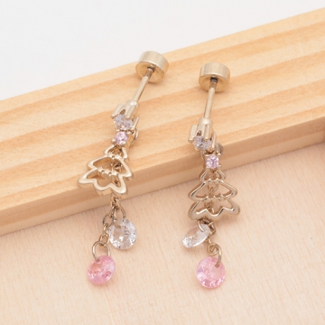 バーベルピアス クリスマスツリー ストーンチャーム付き ステンレス製 メッキ加工 デザインピアス 約7×9mm（ 1ペア）