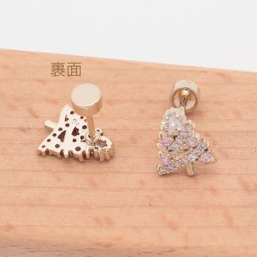 バーベルピアス クリスマスツリー ラインストーン ステンレス製 メッキ加工 デザインピアス 約8×10mm（1ペア）